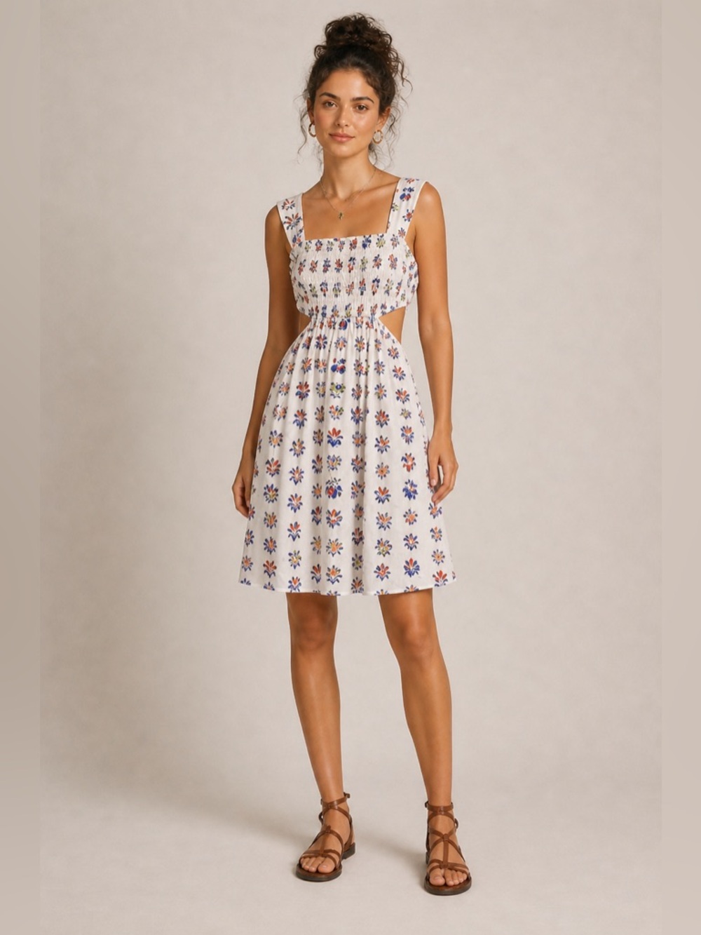 Anthropologie Botanical Print Smocked Cut-Out Midi Dress Size M